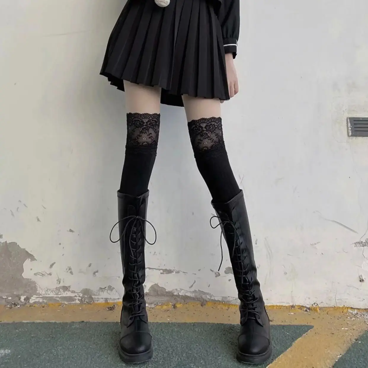 4Pairs Girls Cute Gothic Lace White Black Bow Y2k Cosplay Stockings Women Mesh Japanese Style Lolita Knee Thigh High Long Socks 5
