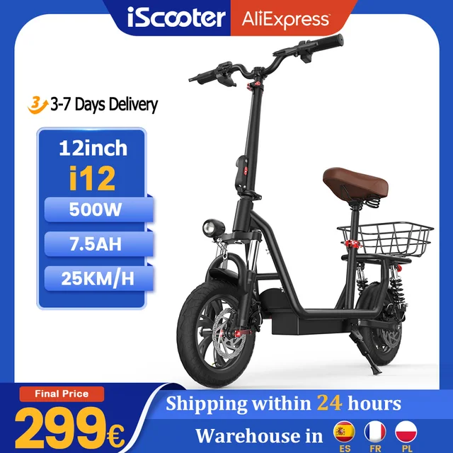 iScooter i12 12inch Electric Scooter 500W 25KM/H Folding Lightweight Adult Scooter 35KM Max Range Scooters with Seat and Basket