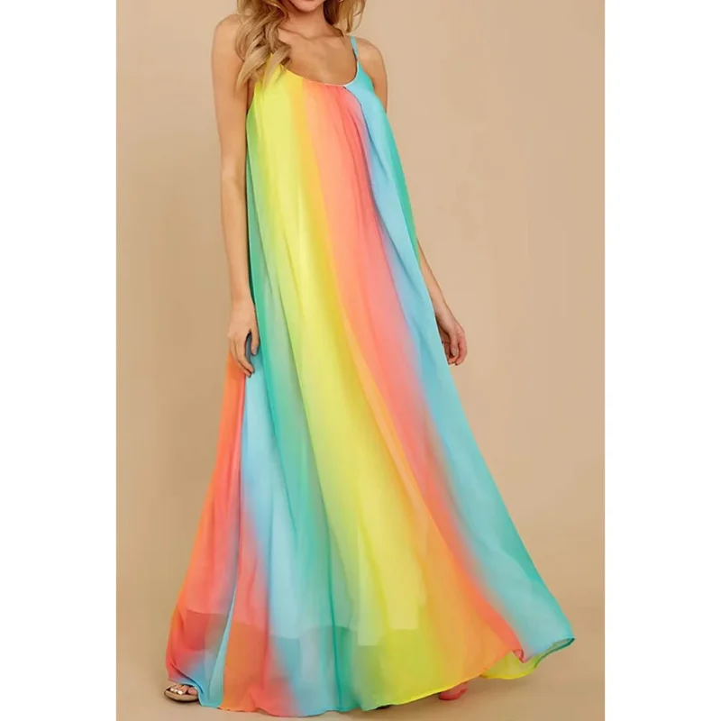 

BellFlower 2023 Summer New Rainbow Print Strap Long Dress Sexy Open Back Loose Fitting Dress Women's Vacation Beach Skirt