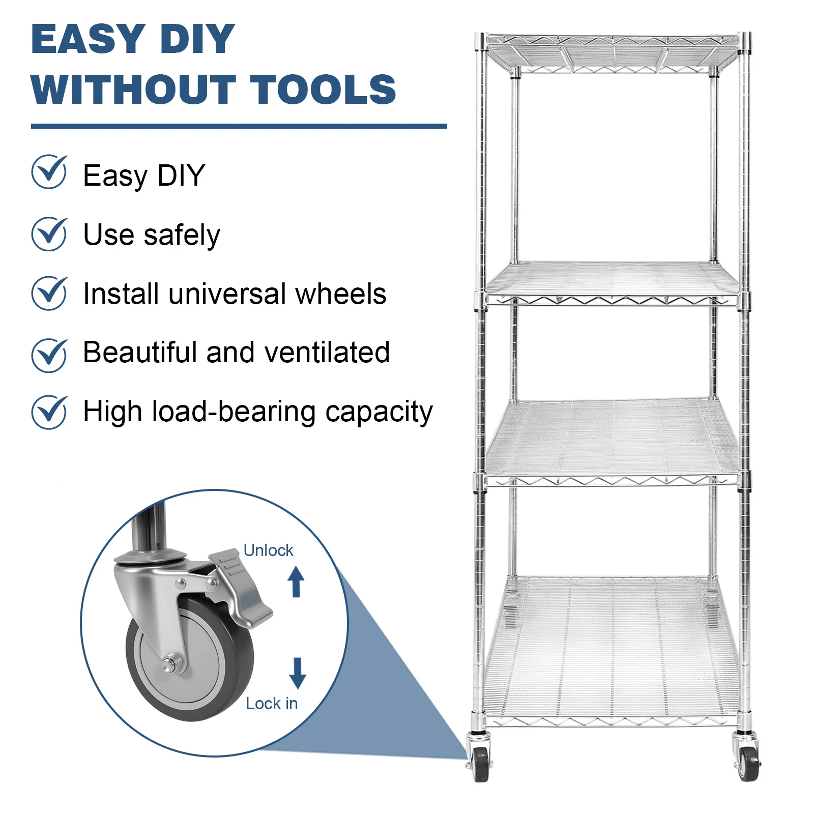 5Tier Heavy Duty Metal Shelves Storage Shelving with Wheels Commercial Shelving Unit Garage Rack Pantry Shelves Kitchen Shelving