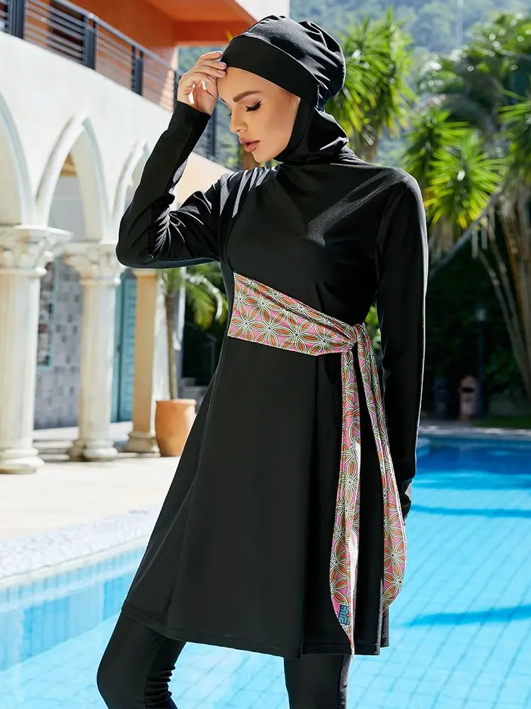 2023 New Long Sleeve Solid Muslim Swimwear Women Swimsuit Burkini 3 Pieces Tops Pants Cap Modest Swimming Beach Wear Islam Suits