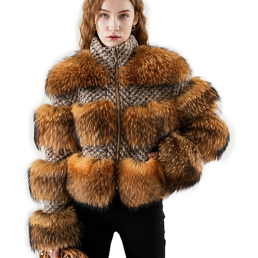 

2024 Winter Jacket Women Parka Natural Raccoon Fur Woolen Coat Bomber Jacket Korean Streetwear Real Fur Coat New Oversize