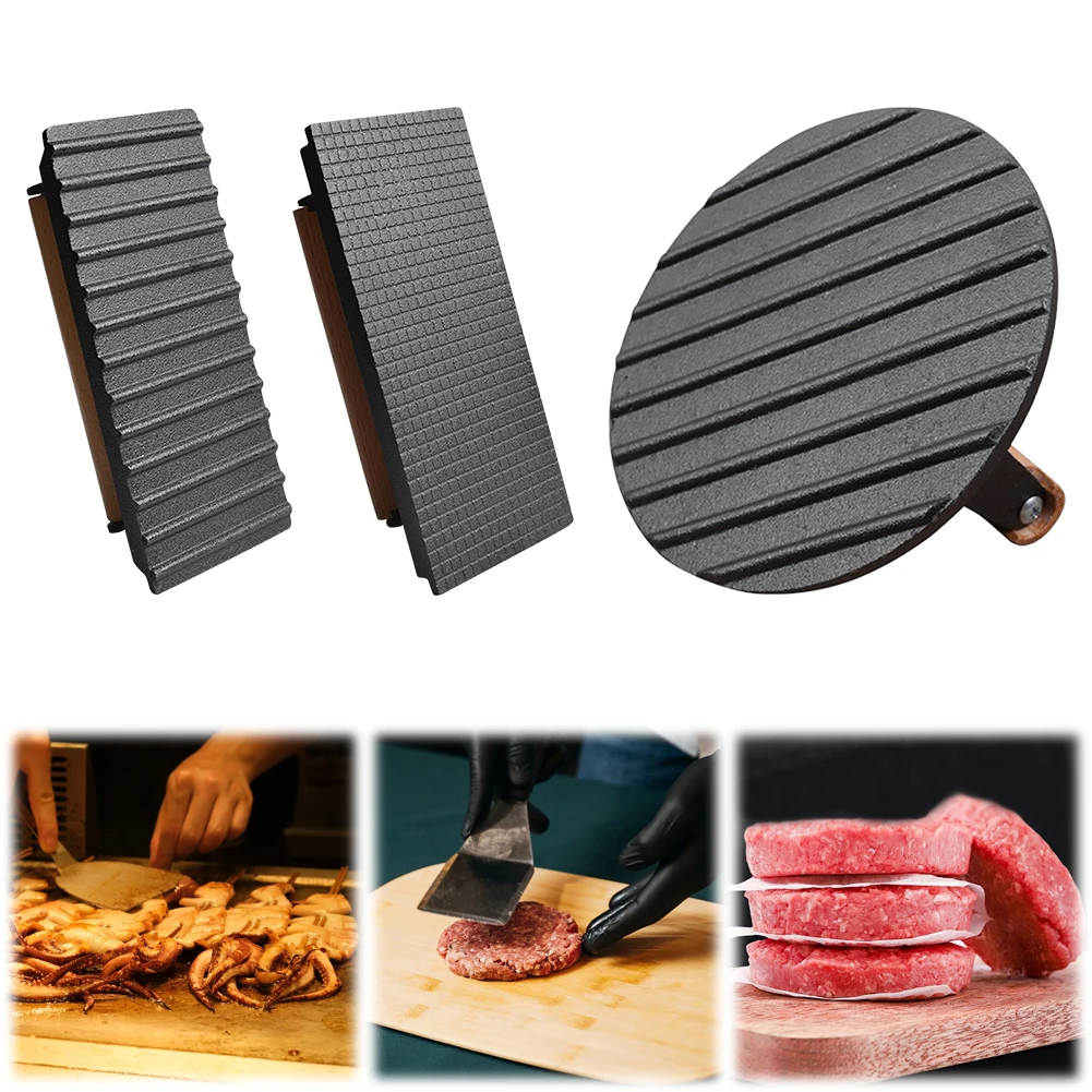 Cast Iron Rectangular Meat Press with Wooden Handle Kitchen Heavy Flat Steak Weight/Bacon Press Uncoated Hamburger Patty Maker