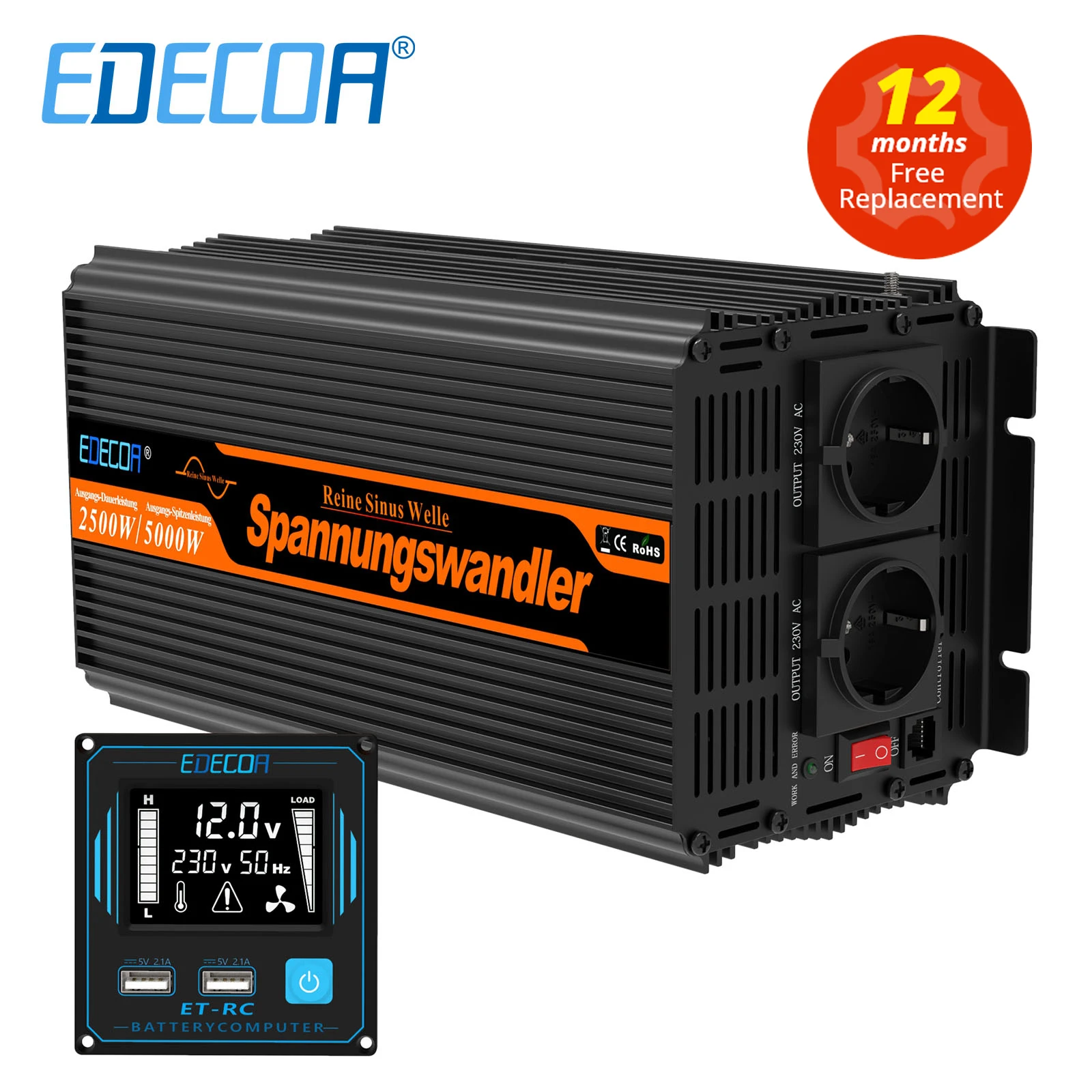 EDECOA Inversor 24V 220v Onda Pura Conversor 2500w 5000W