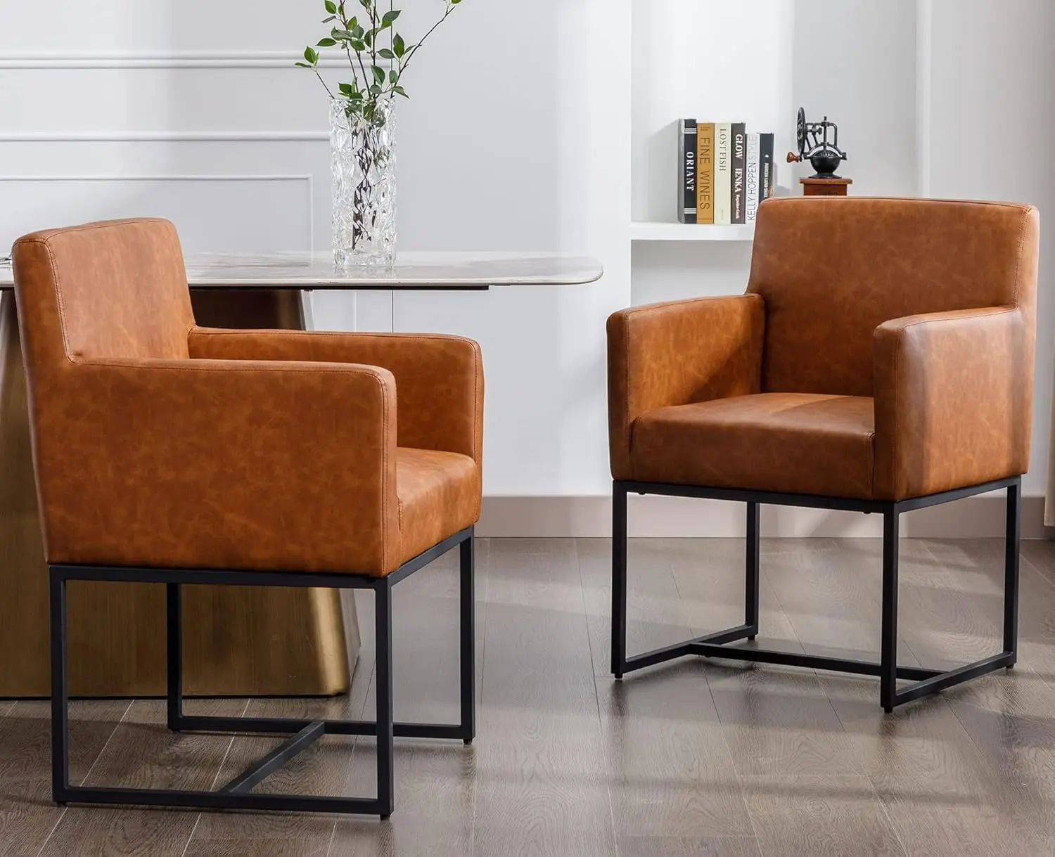 Faux Leather Upholstered Dining Chairs with Arms Set of 2, Mid Century Modern Padded Kitchen Chair with Black Metal Frame