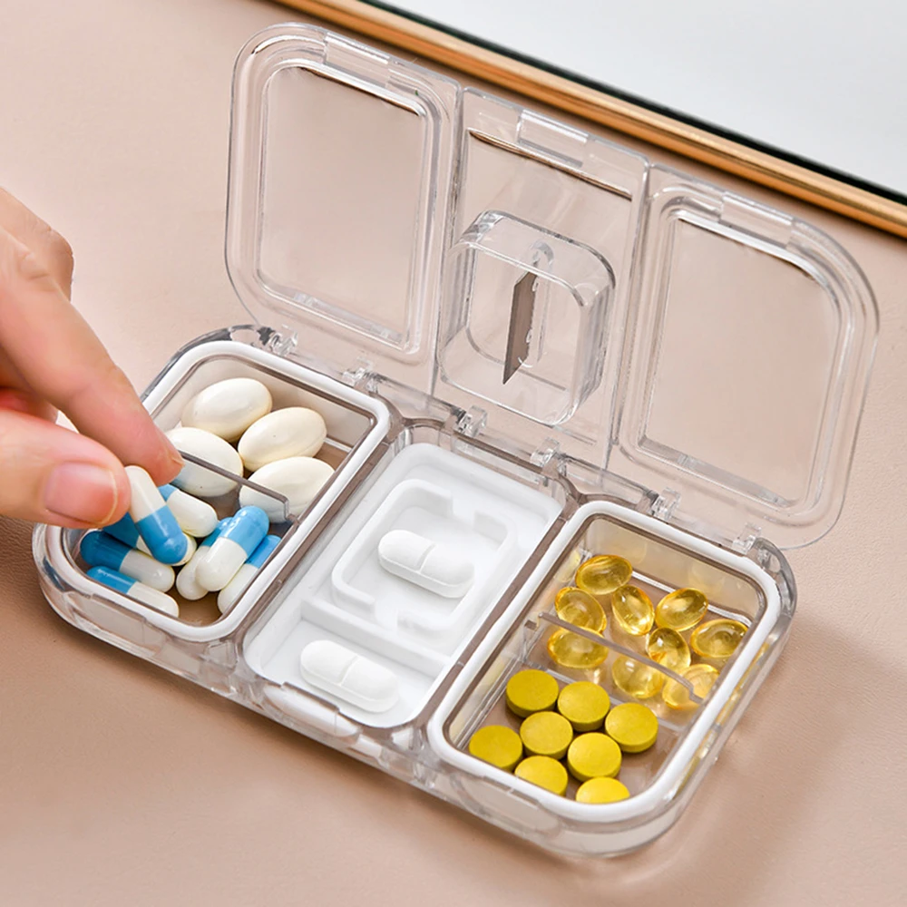 plastic storage bins Portable Pill Box with Pill Cutter Sub-box First-aid Travel One-week Sub-divided Small Medicine Box Sealed Moisture-proof Storage Boxes & Bins