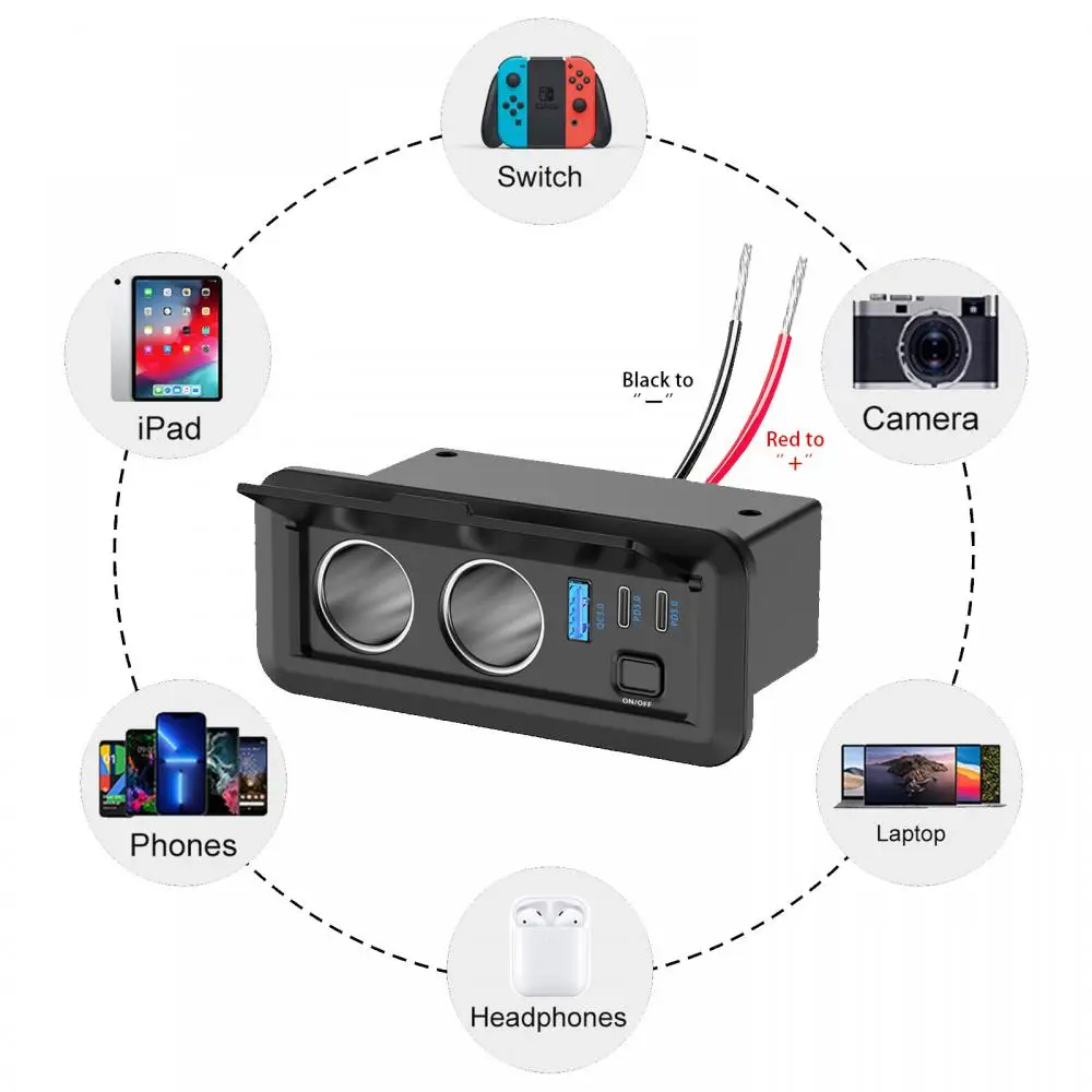 NEUES 12V QC3.0 & Dual PD3.0 Autoladegerät Netzteil Steckdose Zigarettenanzünder Multi-Buchse mit Schalter für Auto Marine RV – Detail 8