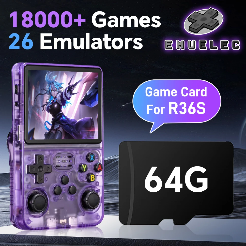 Scheda di Gioco per R36S con oltre 18000 Giochi Retro, Scheda di Gioco da 64G per PSP/PS1/GB/GBA/GBC/MD/SFC/CPS1/CPS2 EmuELEC4.7 Plug&Play