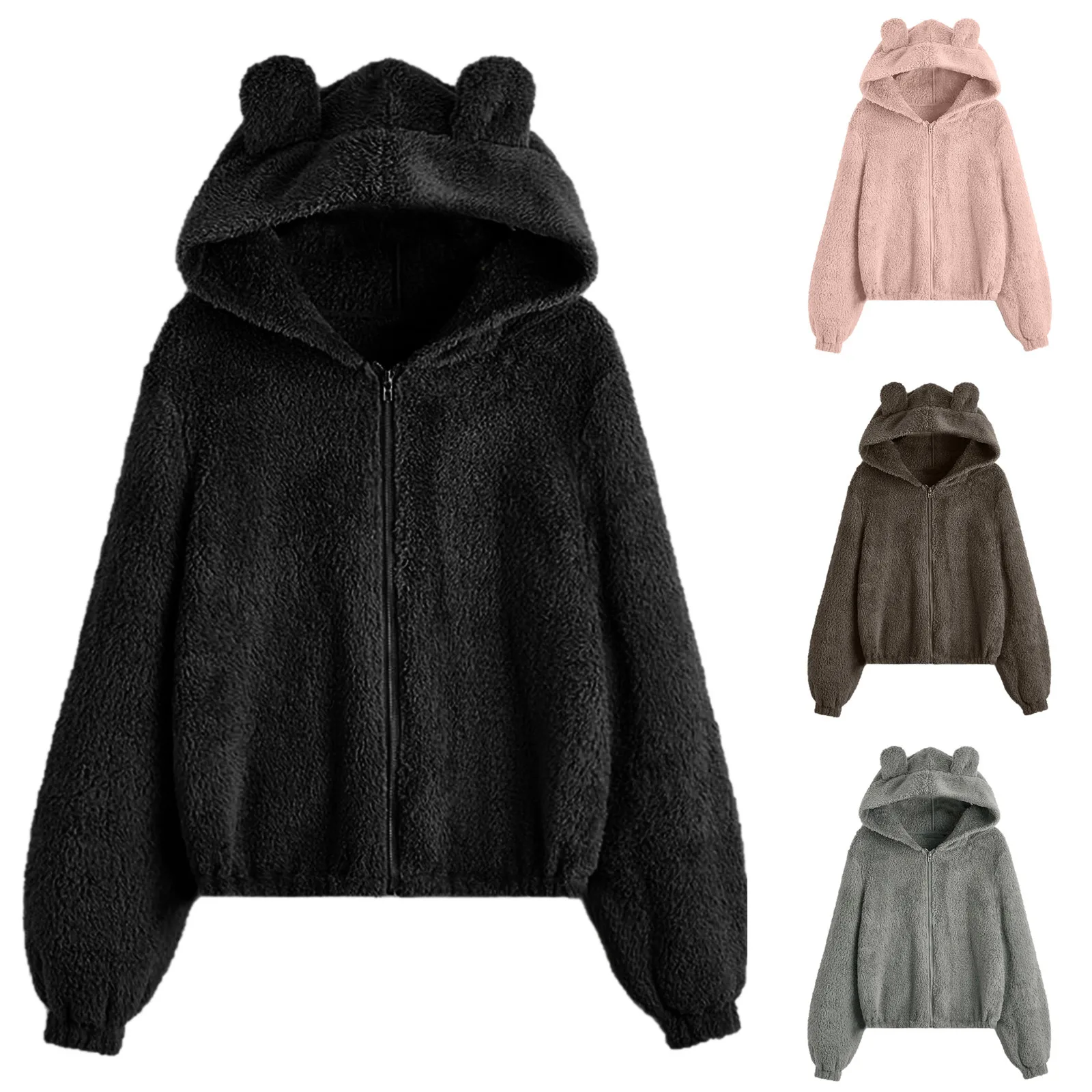 

Kawaii Zipper Fuzzy Hoodies Cute Ears Hooded Sweatshirt Winter Women Sweatshirts Warm Long Sleeve Tops Fleece Patchwork Hoody