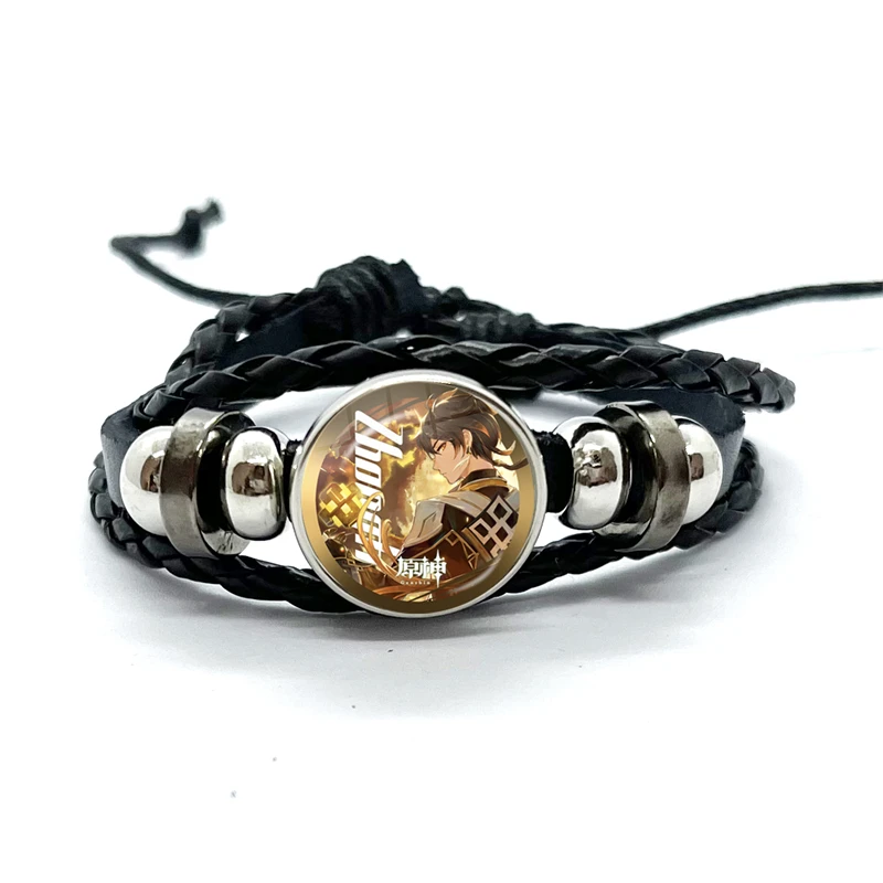 Game Genshin Impact Bracelet Cartoon Anime Zhongli Hutao Tartaglia Cosplay Jewelry Multilayer Snap Button Leather Bangles 2