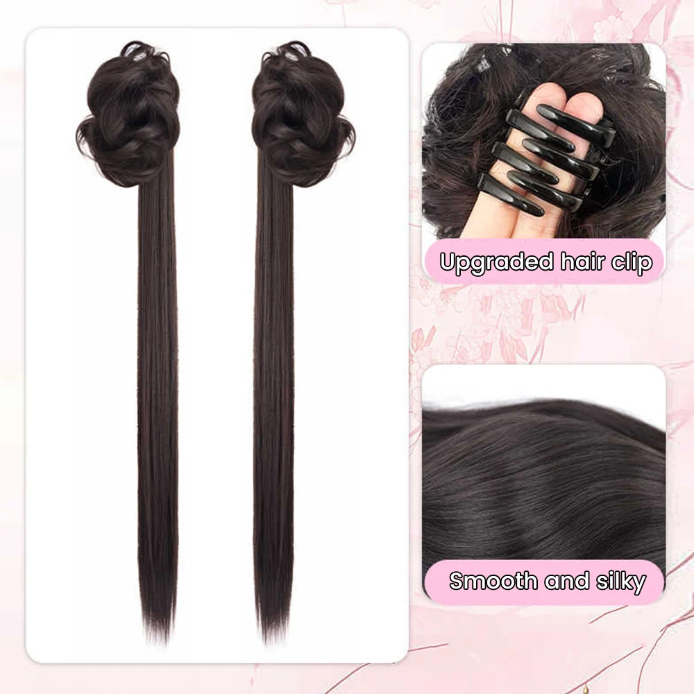 합성 신중국풍 클로 클립 메시 번 시뇽 롱 스트레이트 포니테일 자연스러운 풍성한 고대 스타일 한푸 포니테일 가발