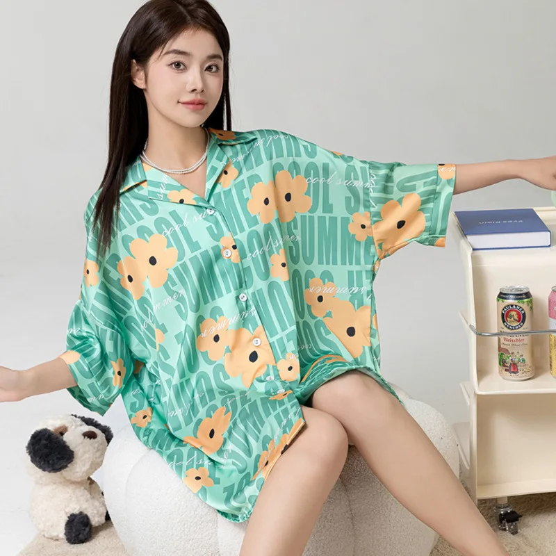

Spring and Summer New 2024 Pajamas Women's Sleeve Shirt Skirt Lapel Simple Letter Printed Casual Home Clothes