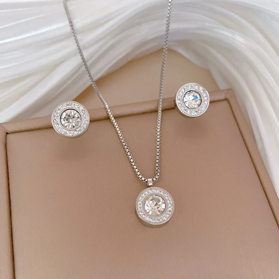 ZAKOL Shiny Crystal Zircon Round Pendant Necklace Earrings for Women Exquisite Stainless Steel Chain 2 Pcs Jewelry Set 2