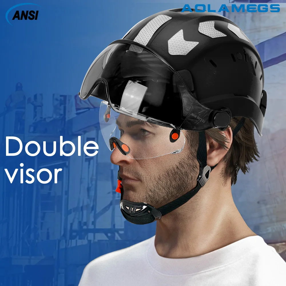 CE Construction Safety Helmet With Visor Built In Goggles And Reflective Stickers ABS Hard Hat ANSI Industrial Protection Cap safety helmet