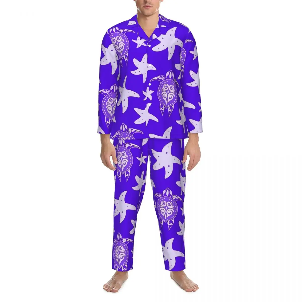 

Water Turtles Pajamas Man Purple Starfish Warm Leisure Sleepwear Spring 2 Pieces Vintage Oversize Custom Pajamas Set
