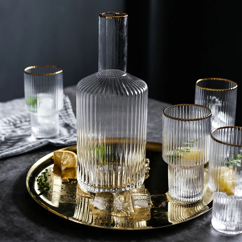 

New ins Nordic Phnom Penh Vertical Striped Cold Water Bottle Set Household Glass Wineware Water Set One Pot Four Cups