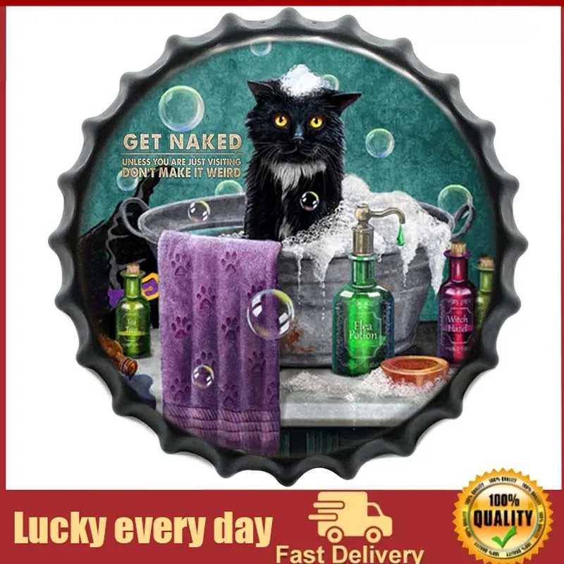 Dreacoss Funny Cat Signs Black Cat In The Sink Get Naked Nice Butt Bottle Caps Metal Tin Signs Funny Bathroom Decor Cat Lover