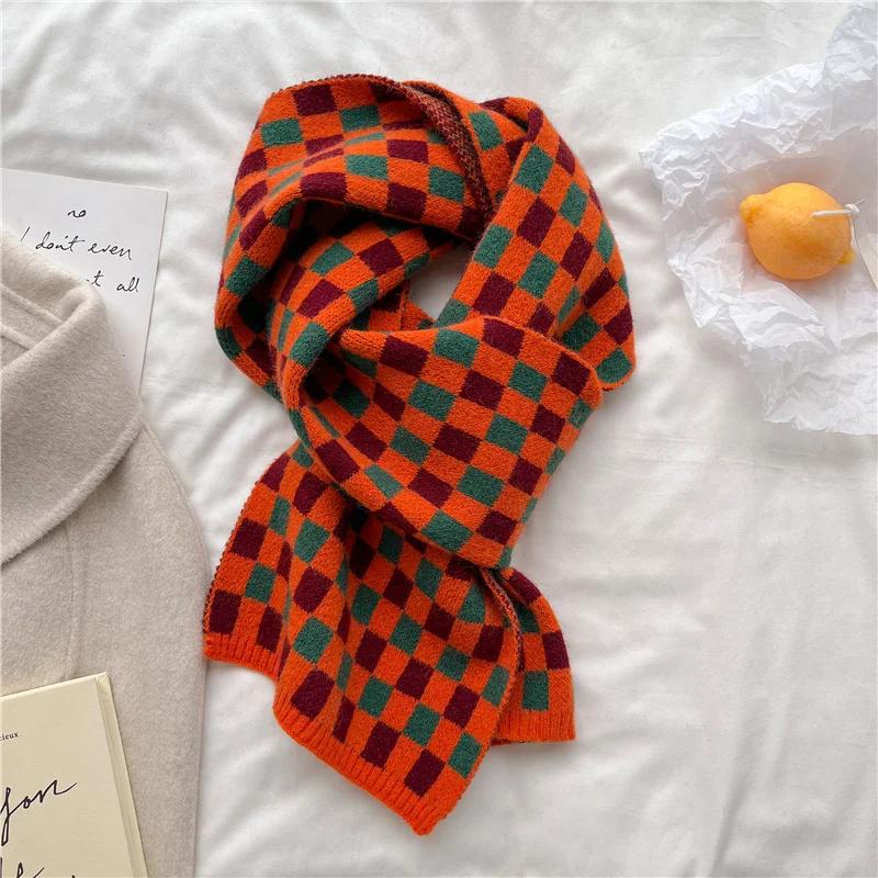 

Red Green Winter Knitted 2023 Warm Neckercheif Scarf 22*170cm Women Fashion Plaid Bufanda Design Woolen Yarn Shawl Wraps Foulard