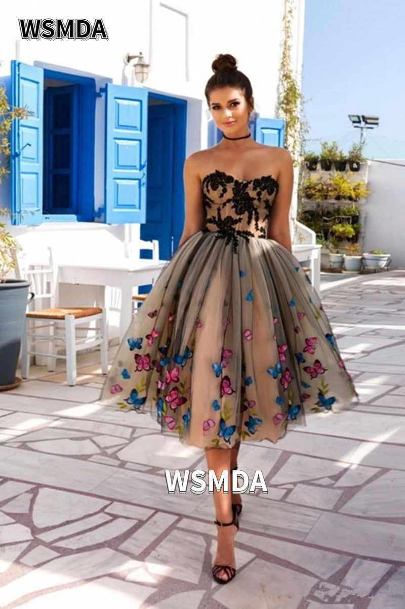 Vestidos de Fiesta Cortos tul negro y champán, aplique de mariposas de corazón, vestidos de fiesta de regreso a casa, vestido de cóctel largo de té|Vestidos de graduación| - AliExpress