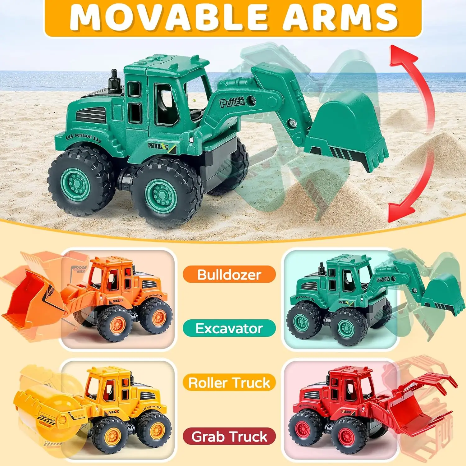 Construction Toys for Boys Kids Friction Powered Construction Truck Toys Car Vehicles Beach Sand Toys Excavator Gift for Girls - 4