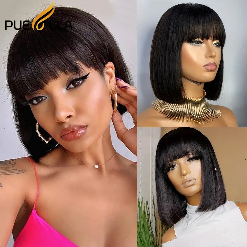 

Glueless Short Bob Straight Wig Remy Brazilian Human Hair Ready to Wear Pixie Cut Full Machine Made Natural Black Wig For Women