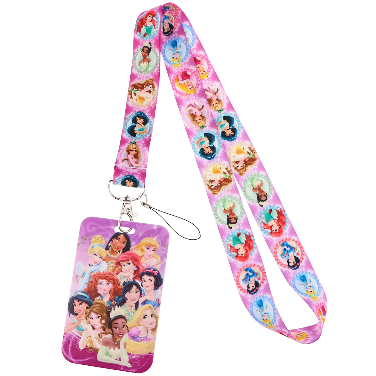 YQ1078 Princess Keychain Lanyard Little Mermaid Neck Strap Key ID Card Badge Holder Cartoon Rapunzel Necklace Kids Gift