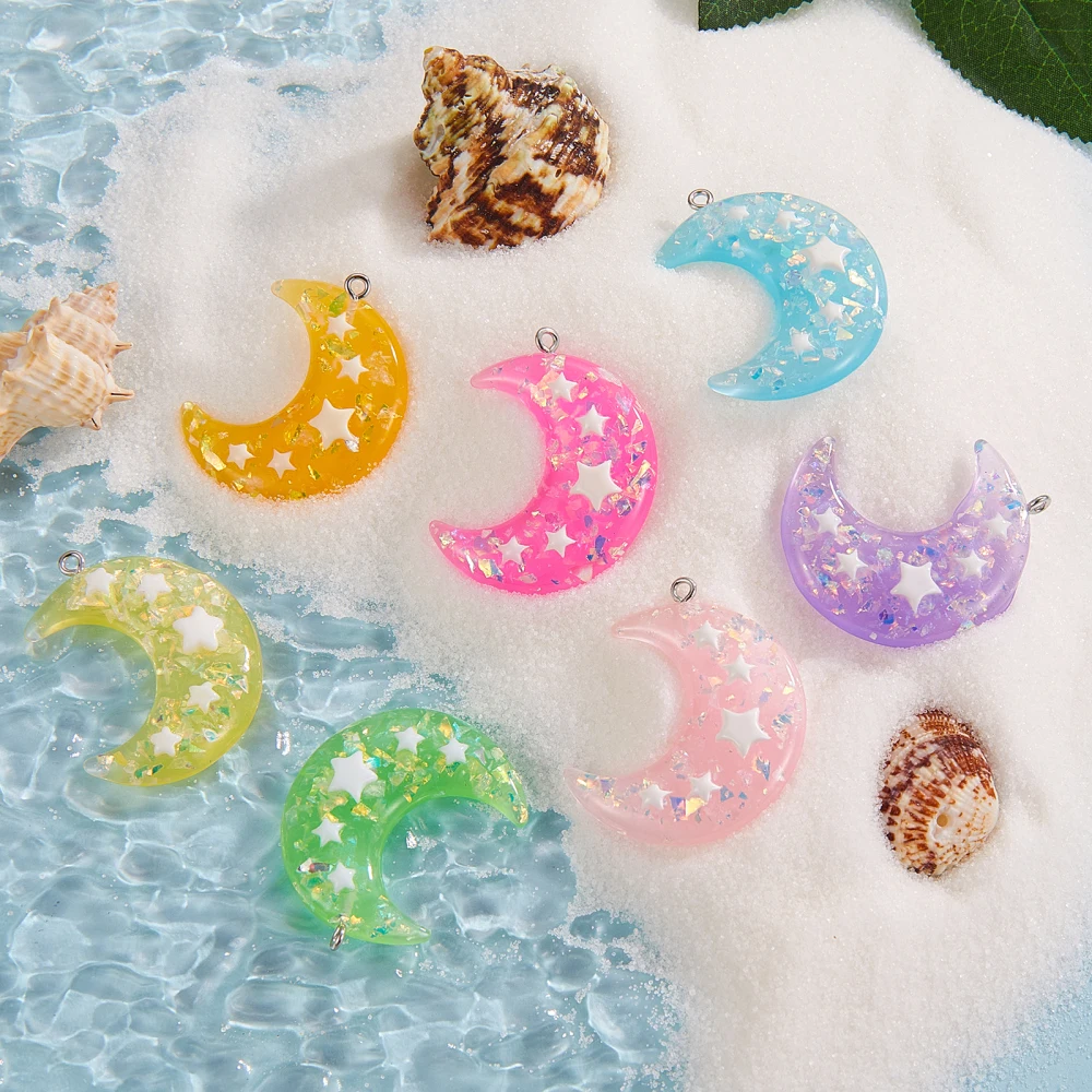 28Pcs 7 Colors Moon Charms with Star Sequins/Paillette Sparkly Glitter Resin Charms Bulk for DIY Craft Adults Jewelry Making