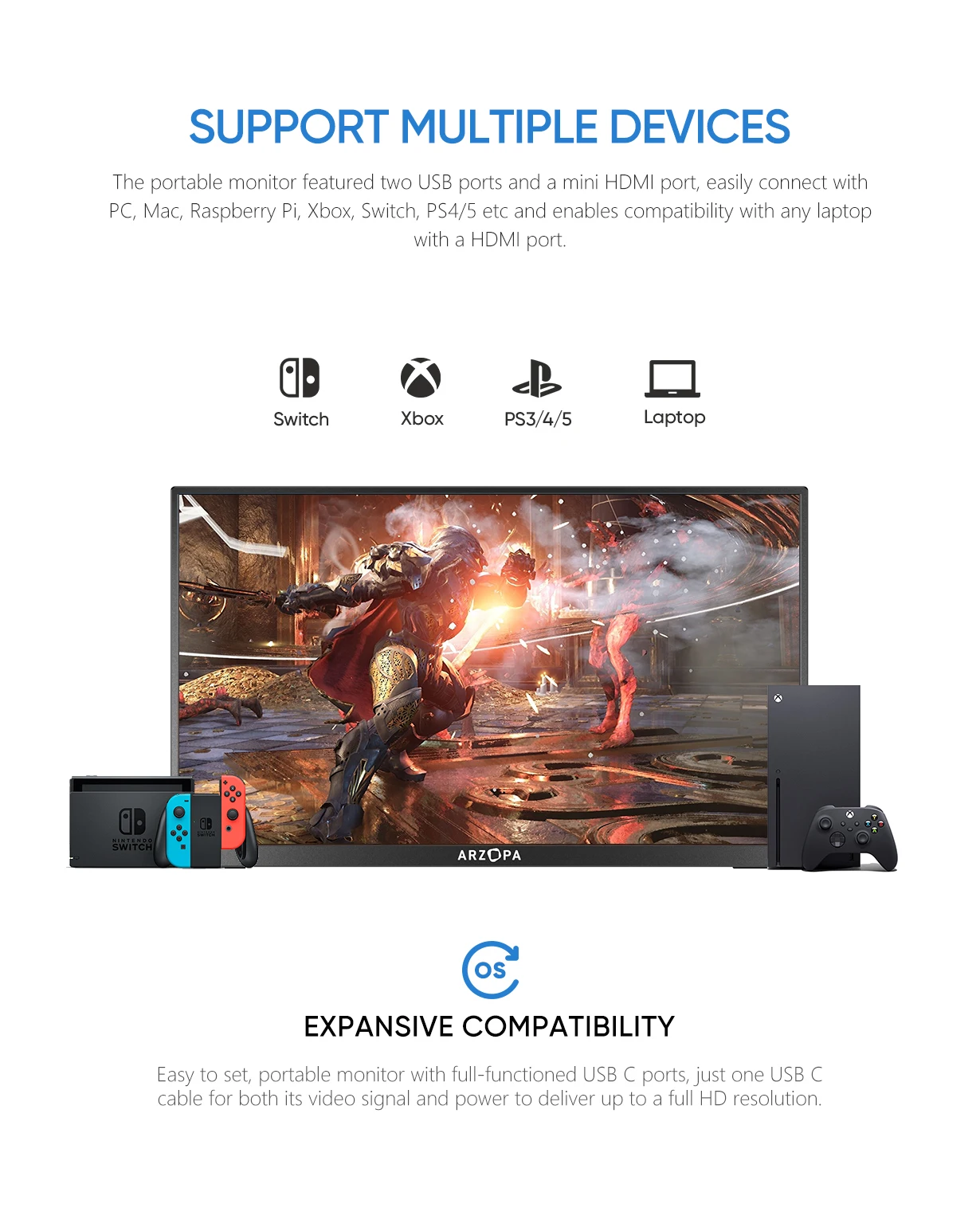 14.0ġ ARZOPA 1080p ޴  ʹ usb c HDMI ͺ  ÷ ips  PS5 ȵ̵ 