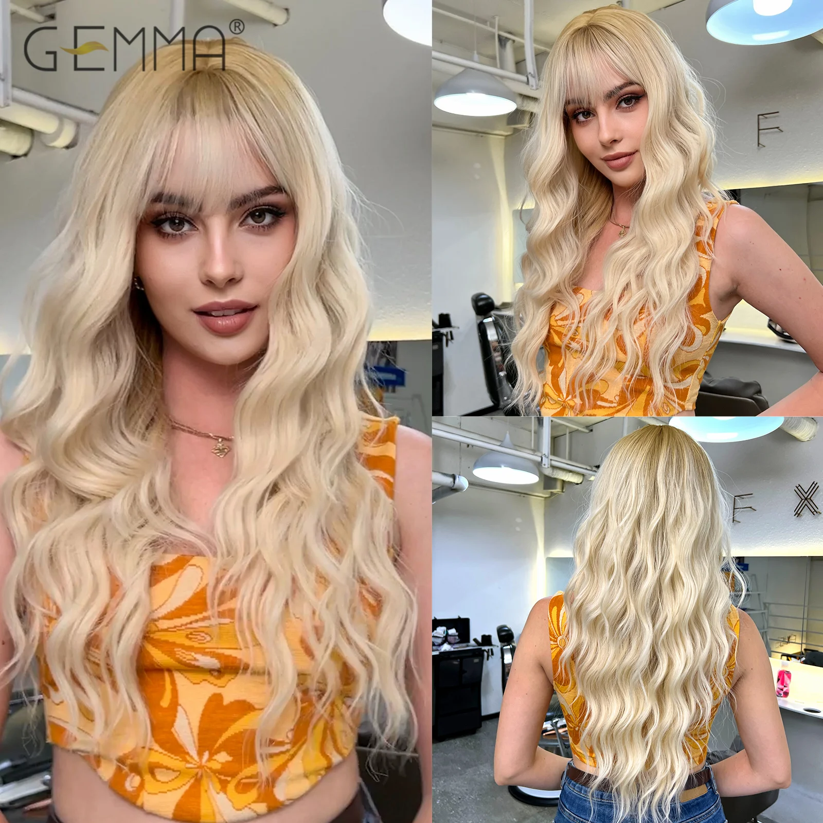 

GEMMA Blonde Ombre Long Curly Synthetic Hair Wig with Bangs Water Wave Cosplay Lolita Wigs for Women Natural Heat Resistant