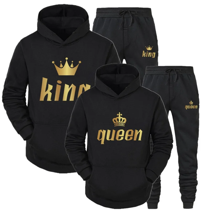 Fashion Couples Sportwear Set KING or QUEEN Printed Lover Hooded Suits Hoodie and Pants 2pcs Set Streetwear Men Women Sweatshirt