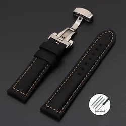 Vintage Crazy Horse Leather Watch Strap with Butterfly Buckle - 26mm (Black)