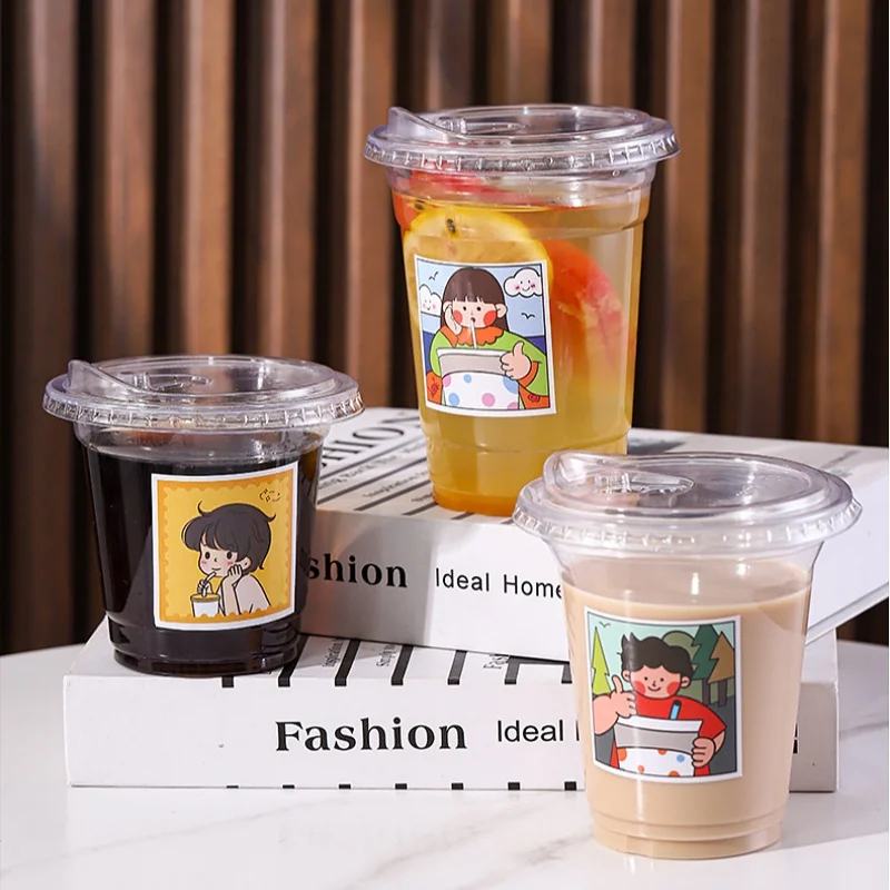 10PCS 520ml Plastic Disposable Cups with Lids Straws Leak Proof Paper Stickers for Cold Drinks Milk Tea Coffee Beer Party Drinkware plastic cups