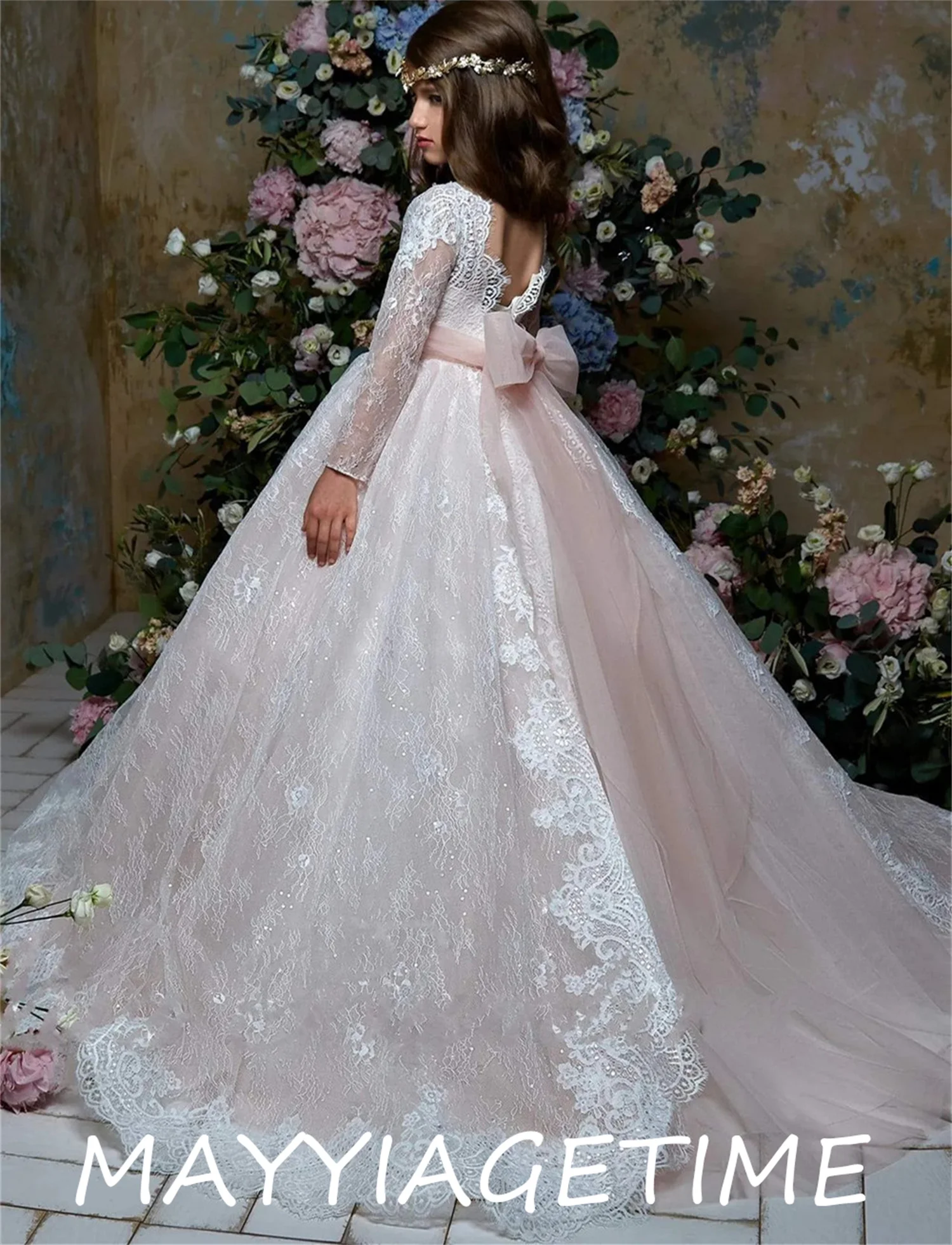 

Flower Girl Dresses for Weddings 2023 Ball Gown Communion Soft Lace Dress with Long Sleeves Toddler Formal Party Gowns Kids