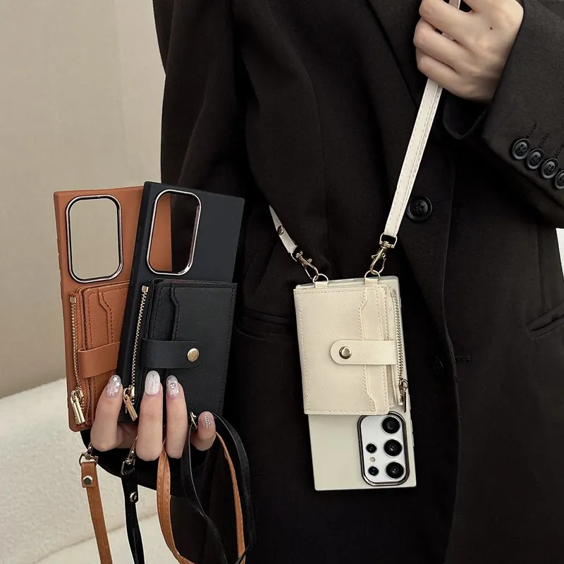 Elegant Leather Flip Wallet Phone Case with Lanyard and Soft Rope Cover
