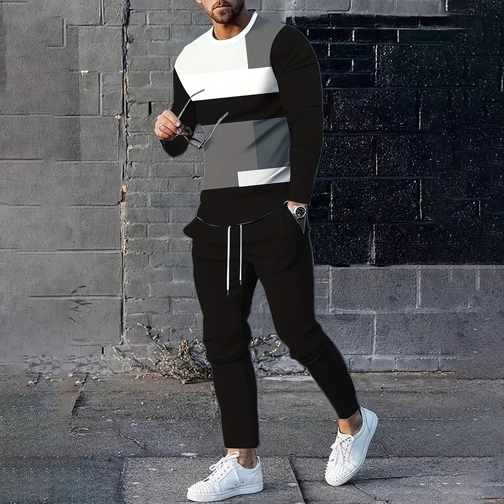Autumn Men's Long Sleeve Pullover Sweatshirt 2 Piece Outfits Striped Print TShirts Tracksuit Set Drawstring Waist Pant Sweatsuit sports set tracksuit set outdoor suit set sweater set