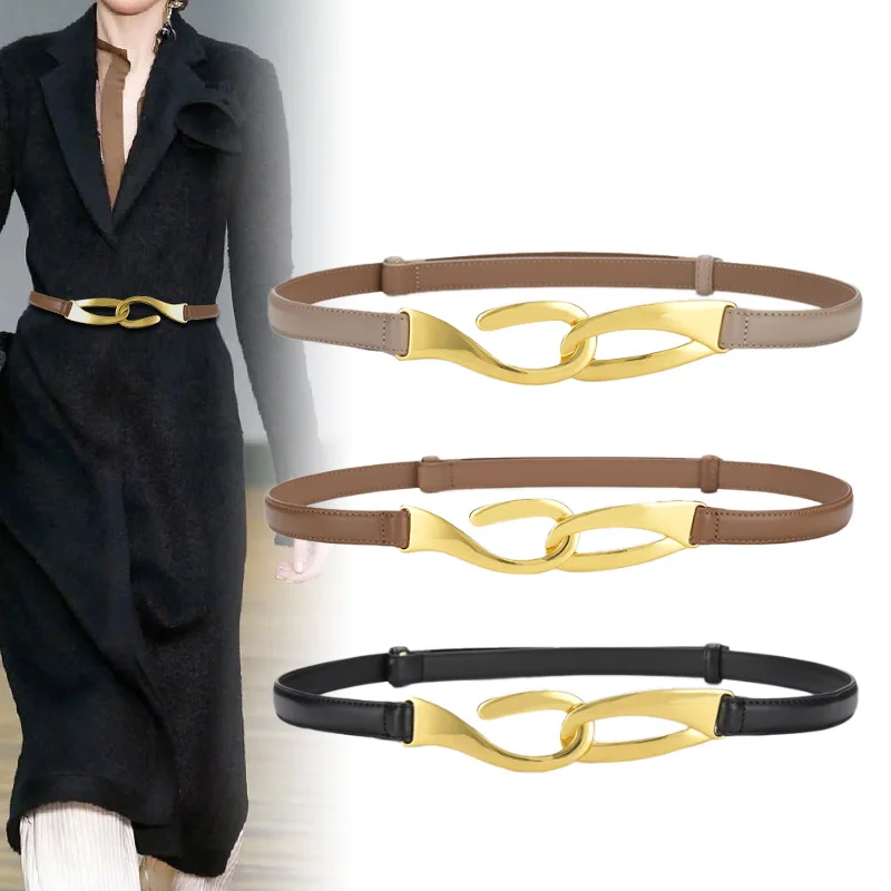 Fashionable Women's Belt Genuine Leather Without Punching Golden Hook Buckle Waist Seal New Korean Brand Designer Dress Belt