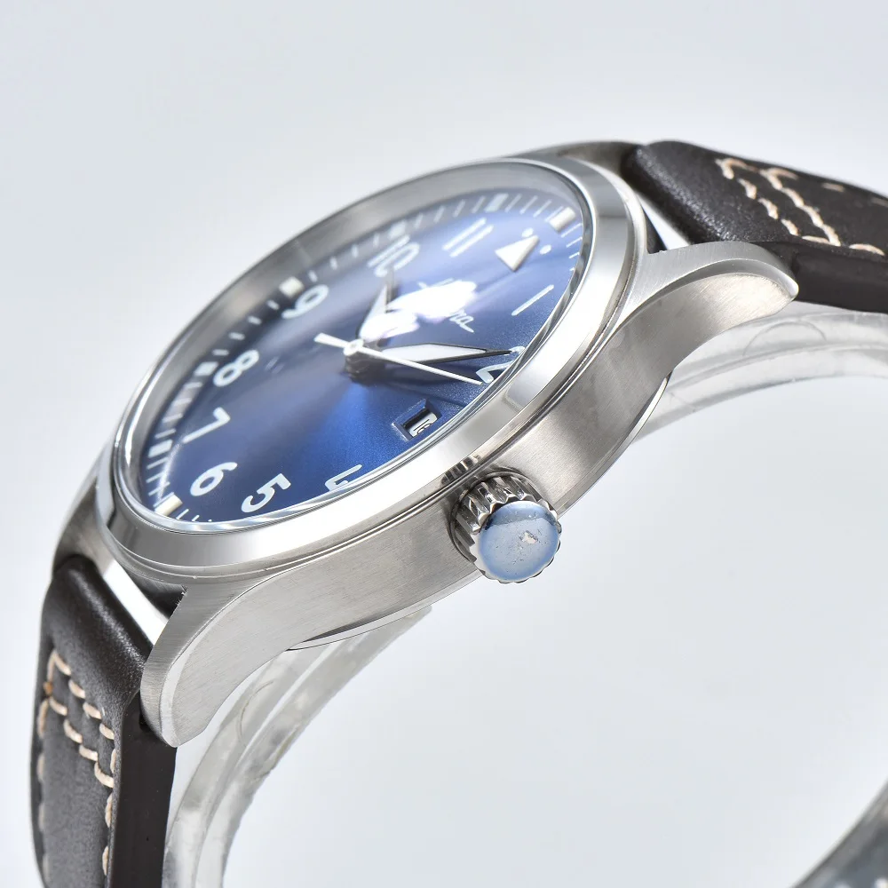 HUAYRA New Blue Dial Men's ST16 Mechanical Automatic Flight Watch Leather Brown Black 40MM Stainless Steel Watch Date