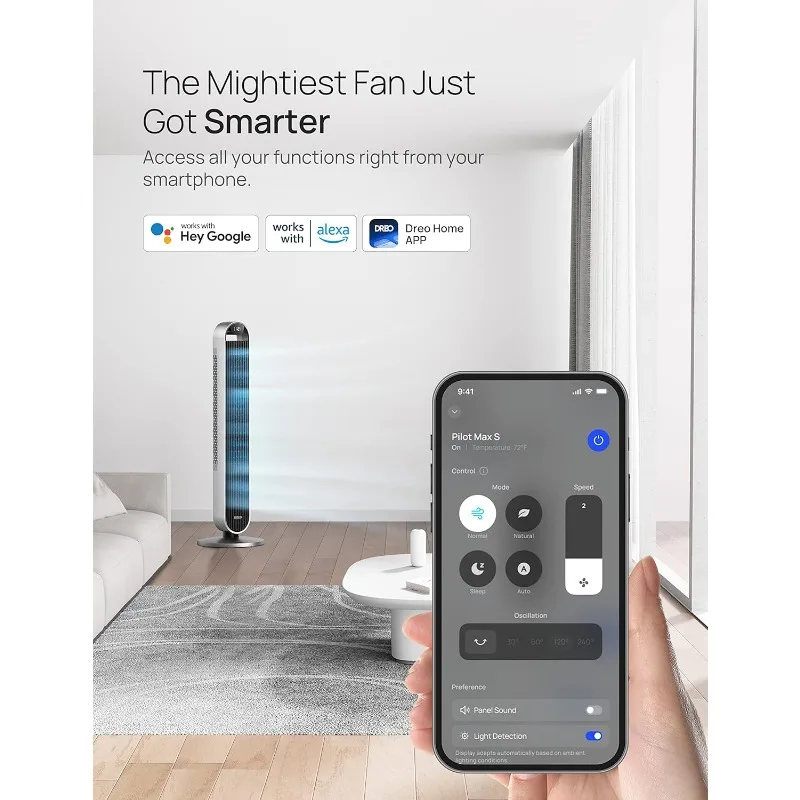 Dreo 120° Oscillating Tower Fan, 42 Inch Bladeless Fan for Bedroom, 25dB Quiet DC Motor, Standing Fan with Remote 6