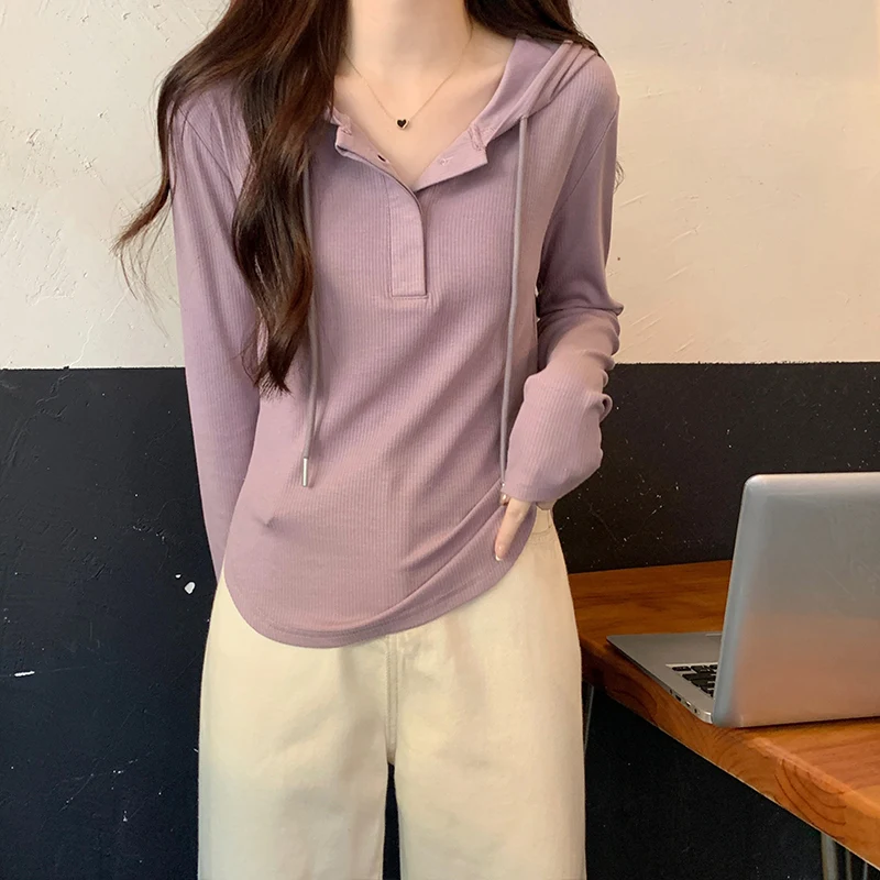 Spring Autumn Long Sleeved Irregular Hooded T-shirt for Women Drawstring Hoodies Female Casual Tops and Tees Beige Black Purple