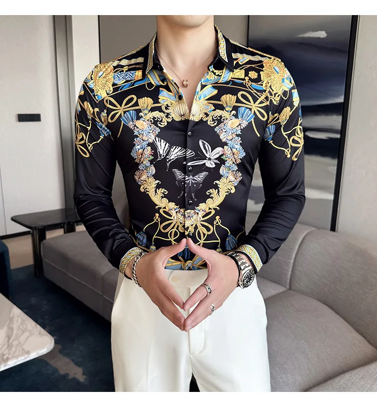Description Picture 5 of itemLuxurious Printed Men Shirts Summer Long Sleeve Vintage Slim Fit Casual Shirts Social Party Streetwear Tuxedo Camisa Masculina