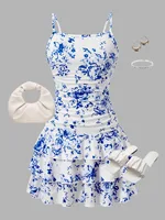 Robe d'été pour filles, imprimé floral bleu, taille froncée, ourlet à volants, tenue décontractée pour vacances à la plage 3