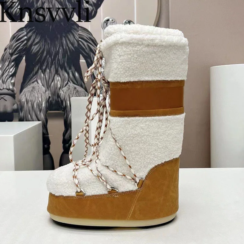 

Winter Snow Boots Women Round Toe Cross Lace Up Height Increasing Shoes Woman Inside Cotton Fabric Warm Long Boots Woman