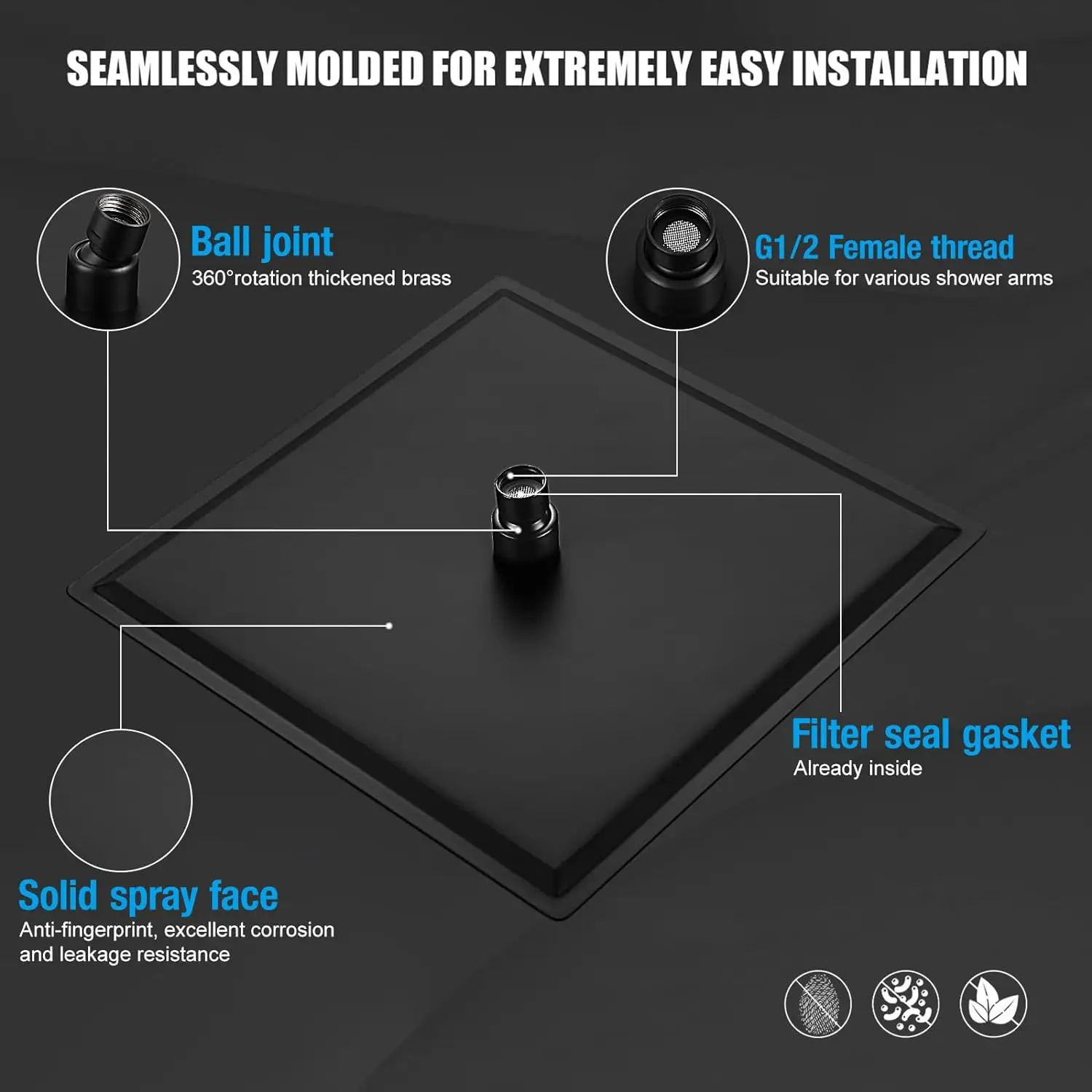 KEMAIDI Black Rainfall Shower Head High Pressure Square Stainless Steel Showerhead with Silicone Nozzle Ultra Thin Water Saving 4