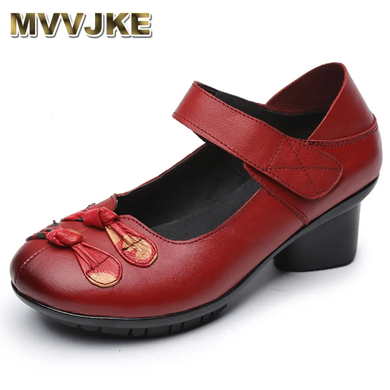 

2023 Spring Summer Ethnic Style Genuine Leather Handmade Shoes Women Mid Heels Pumps Round Toe High Heels