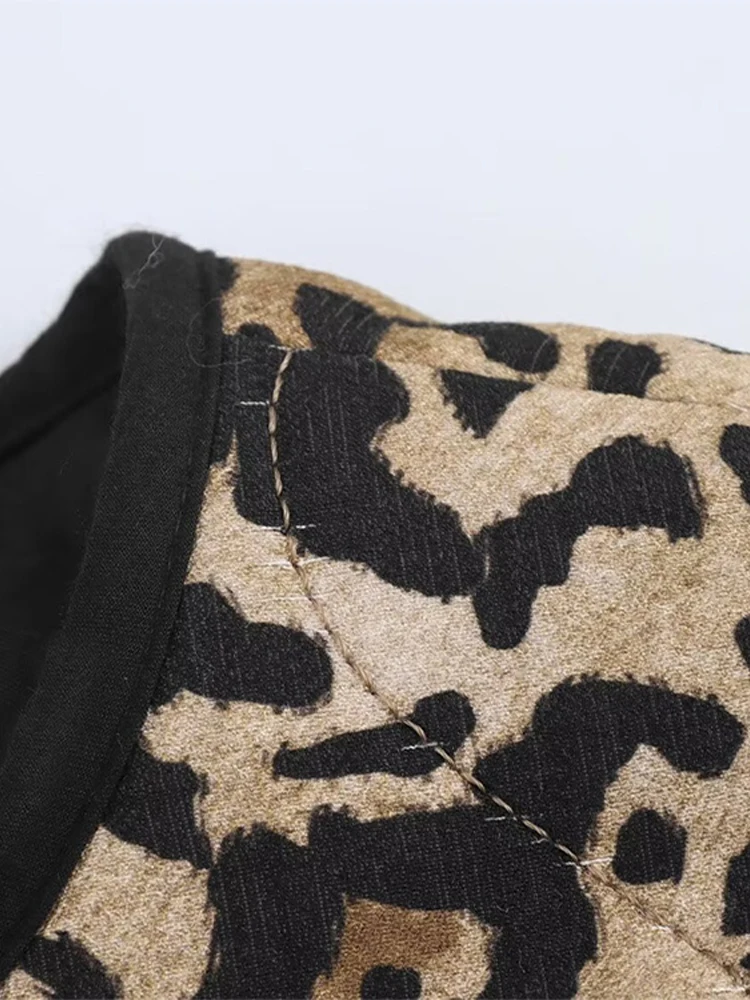 Vintage Leopard Cotton Coat  Women Loose O-neck Long Sleeve Single Breasted Pockets Jacket 2024 Autumn New Lady Casual Outwear 4