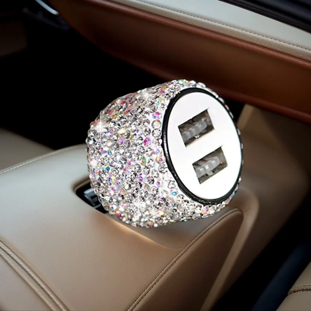 Dual USB Car Charger - 5V 2.1A Fast Adapter Diamond Styling for Women & Motorcycle Use