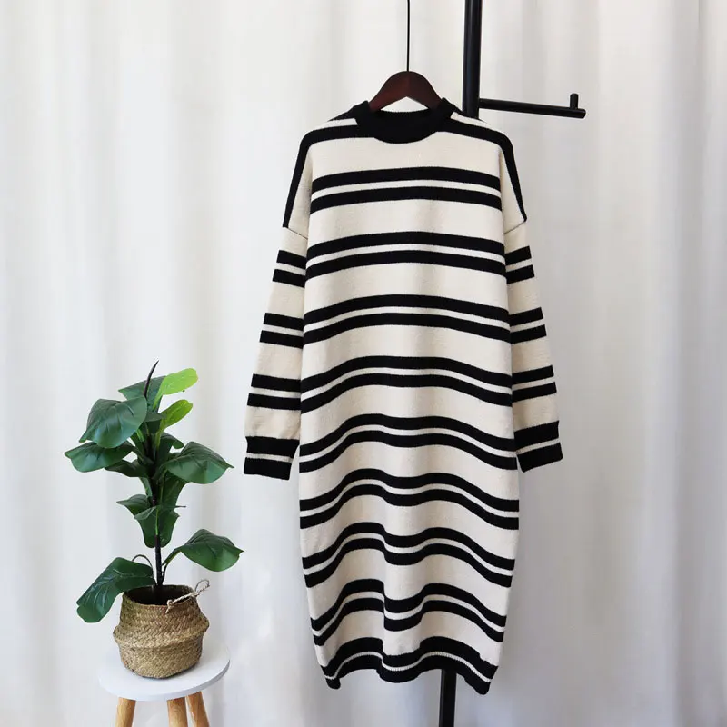 

2022 Autumn/Winter Women Dress Casual Loose Long Sleeve Kintted Dress Women O-Neck Striped Straight Dress Vestidos Femme Outwear