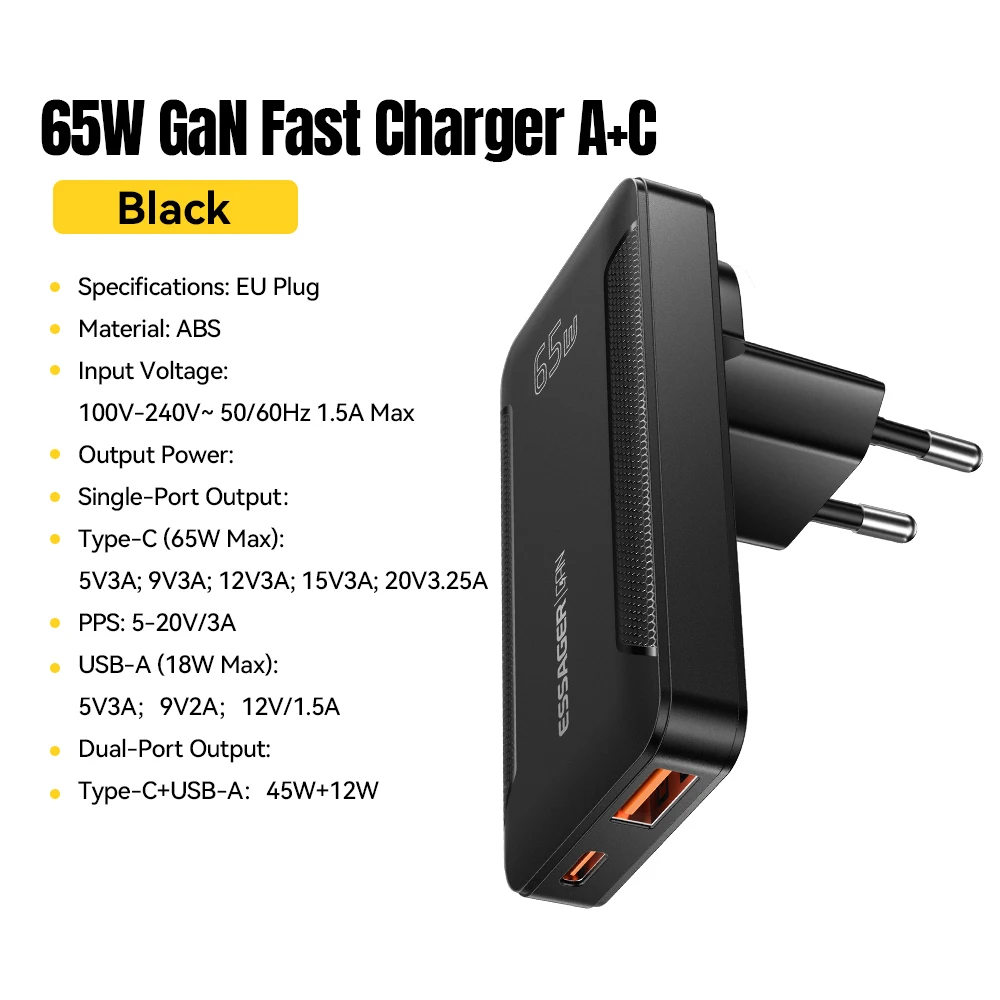 Essager Slim 65W GaN Portable Folding Fast Charger