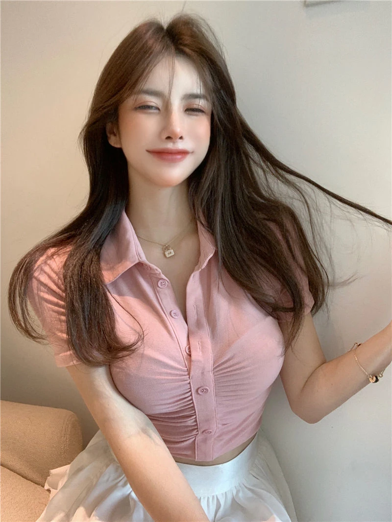 High Waist Stretch Short Cropped Navel Women's Top Sexy Y2K Solid Ladies Cardigan Shirt Fashion Women Short Sleeve145_voghion.com