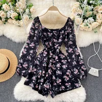 Korean New Spring Summer Chiffon Jumpsuit V-neck Puff Sleeves Folds Slim Slimming Floral Wide-leg Shorts Jumpsuit  UK770